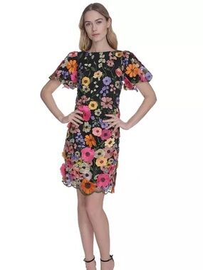 NWT Eliza J Embroidered 3d-floral Puff Sleeve Shift Dress 8